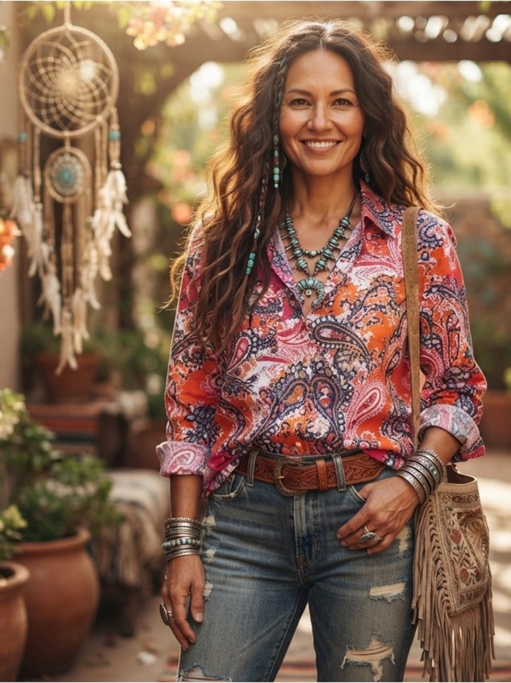 Bright Paisley Button-Down Women's Top - Pink & Orange